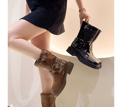 Buckled Boots Chunky Heel Short