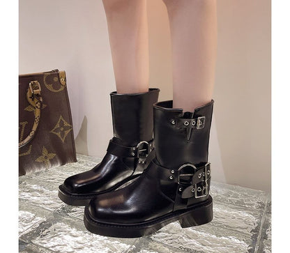 Buckled Boots Chunky Heel Short