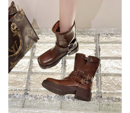 Buckled Boots Chunky Heel Short