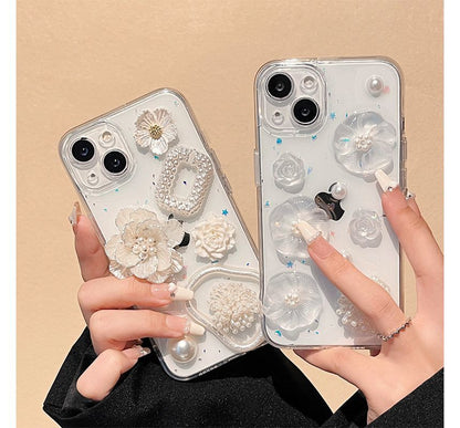 Case Phone Faux Pearl Floral Transparent
