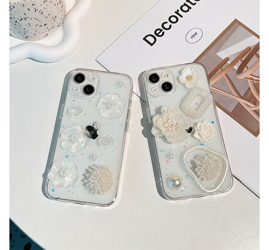 Case Phone Faux Pearl Floral Transparent