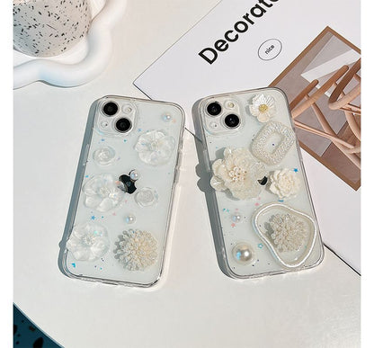 Case Phone Faux Pearl Floral Transparent