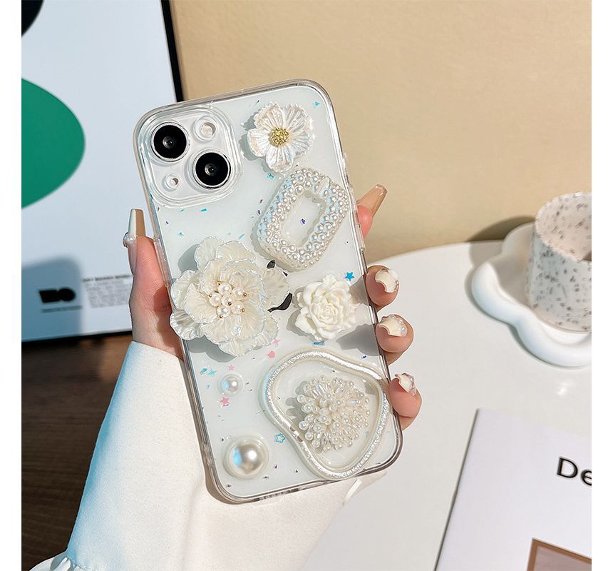 Case Phone Faux Pearl Floral Transparent
