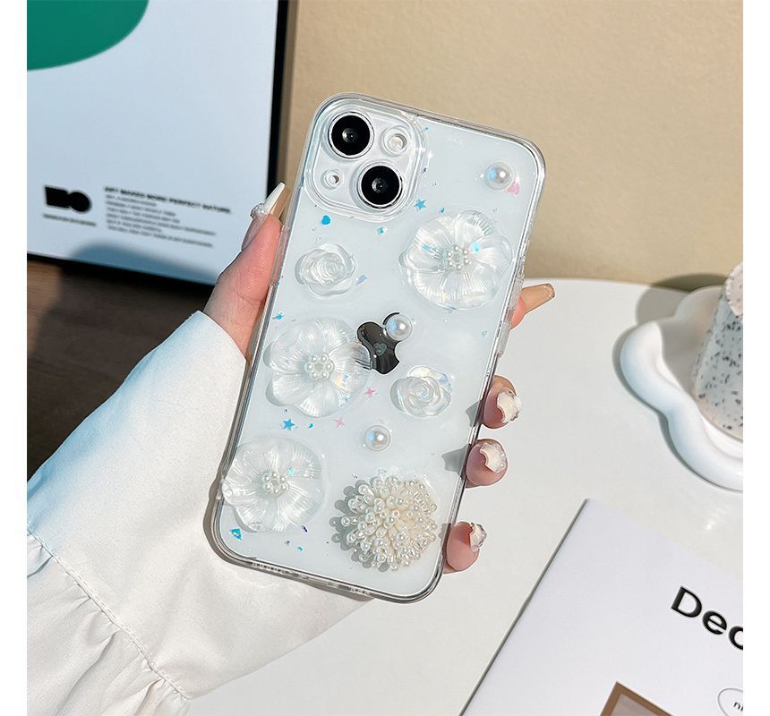 Case Phone Faux Pearl Floral Transparent