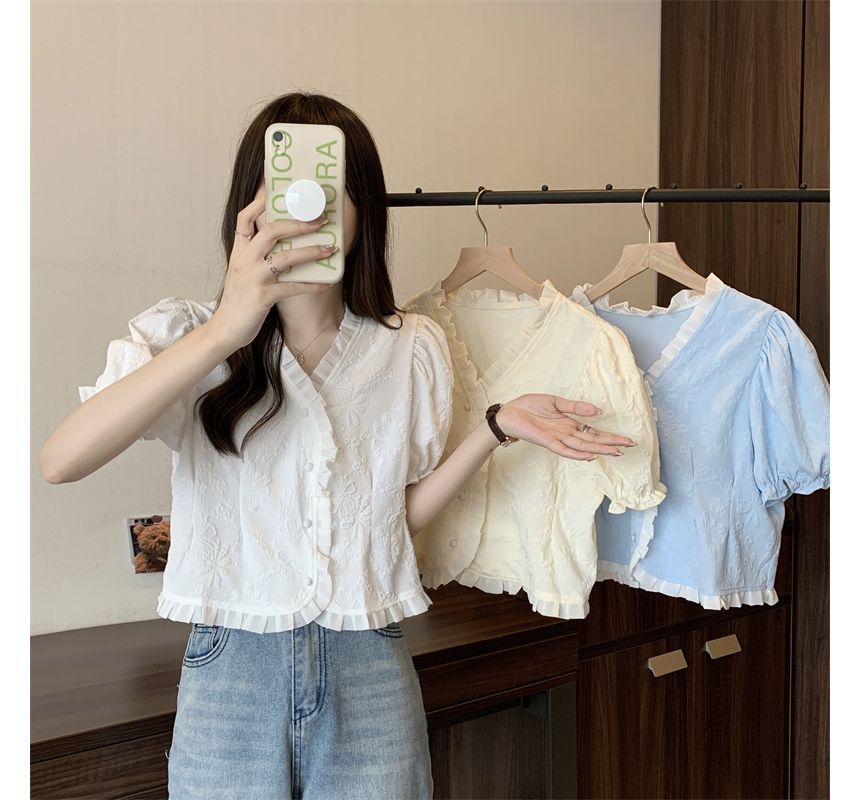 Jacquard V-Neck Blouse Frill Short-Sleeve