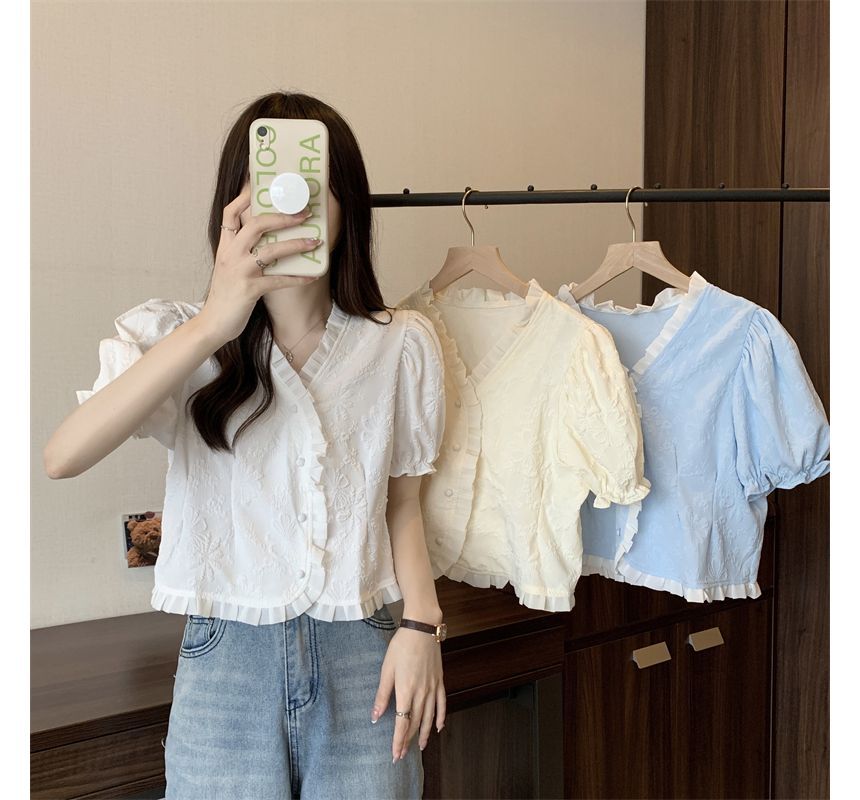 Jacquard V-Neck Blouse Frill Short-Sleeve