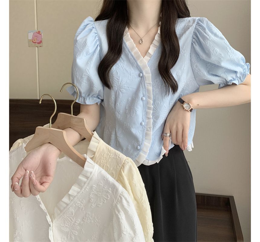 Jacquard V-Neck Blouse Frill Short-Sleeve