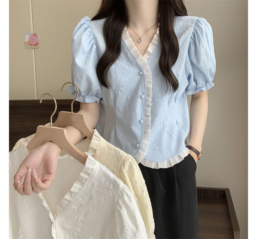 Jacquard V-Neck Blouse Frill Short-Sleeve