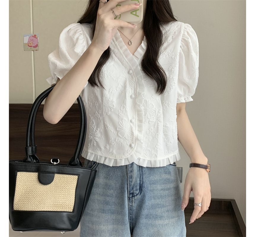 Jacquard V-Neck Blouse Frill Short-Sleeve