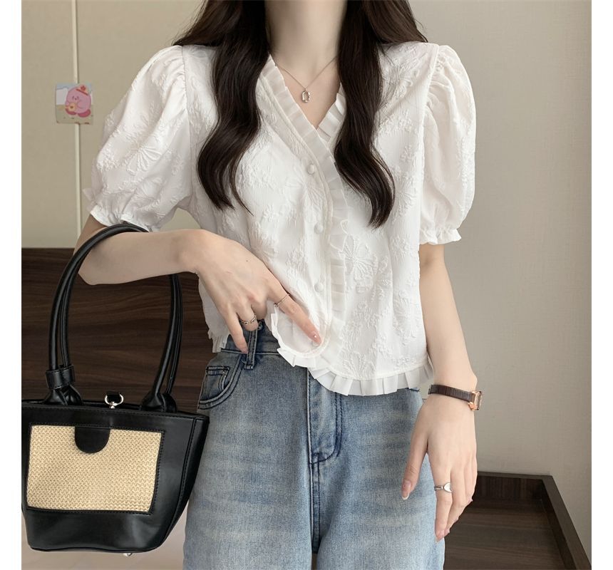 Jacquard V-Neck Blouse Frill Short-Sleeve