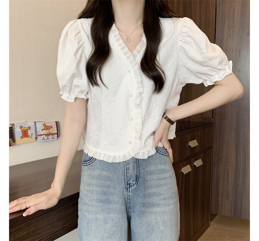 Jacquard V-Neck Blouse Frill Short-Sleeve