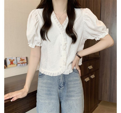 Jacquard V-Neck Blouse Frill Short-Sleeve