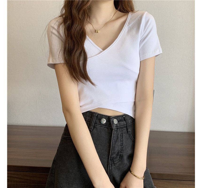 T-Shirt Crop Wrap Short-Sleeve Plain V-Neck