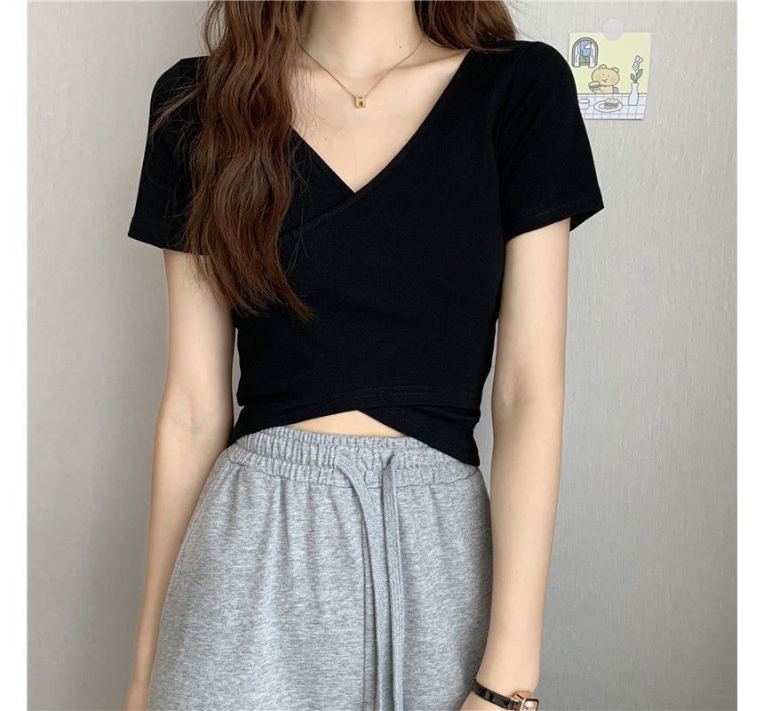 T-Shirt Crop Wrap Short-Sleeve Plain V-Neck