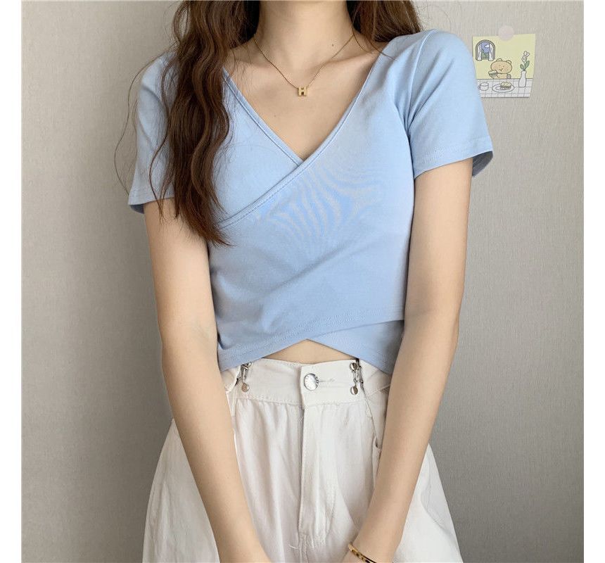 T-Shirt Crop Wrap Short-Sleeve Plain V-Neck