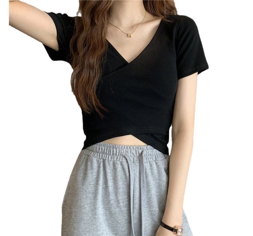 T-Shirt Crop Wrap Short-Sleeve Plain V-Neck