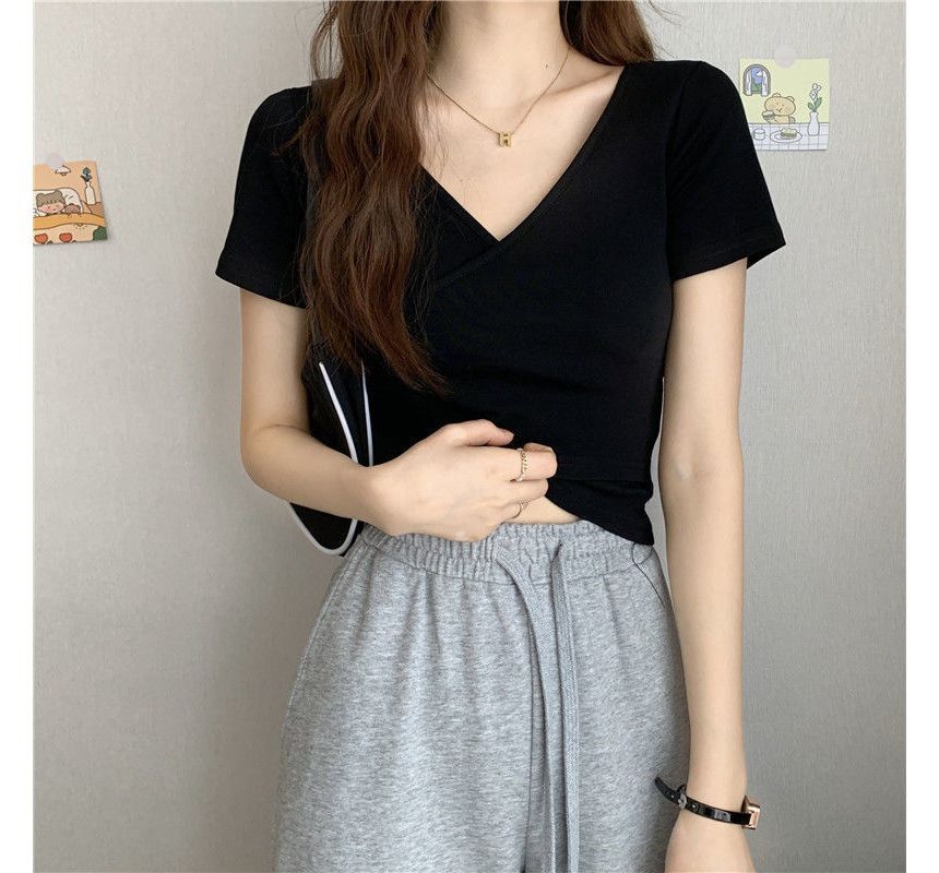 T-Shirt Crop Wrap Short-Sleeve Plain V-Neck