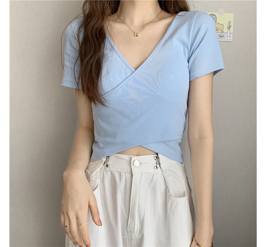 T-Shirt Crop Wrap Short-Sleeve Plain V-Neck