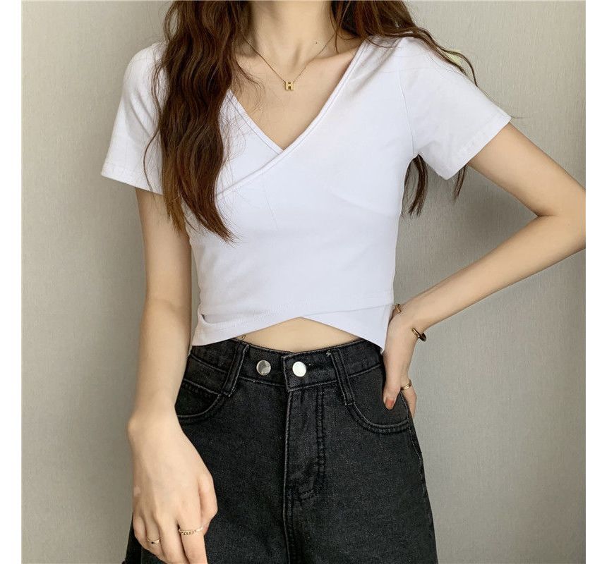 T-Shirt Crop Wrap Short-Sleeve Plain V-Neck