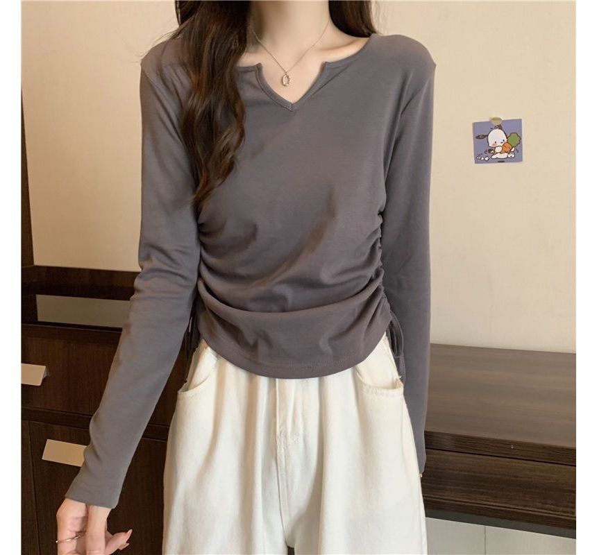 V-Neck T-Shirt Plain Long-Sleeve Drawstring
