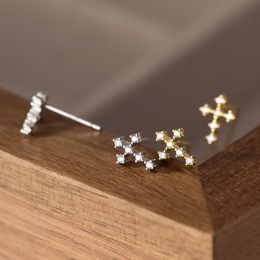 Cross Rhinestone Sterling Silver Earring