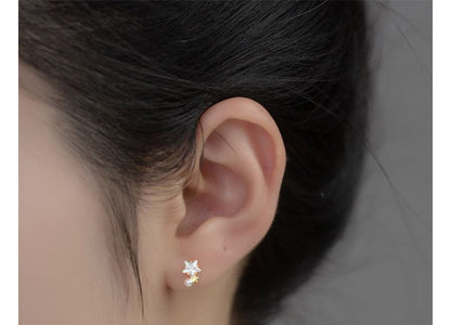 925 Sterling Silver Rhinestone Star Faux Pearl Stud Earring