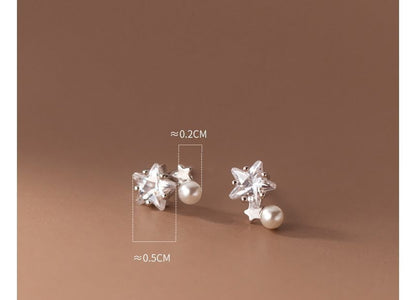 925 Sterling Silver Rhinestone Star Faux Pearl Stud Earring