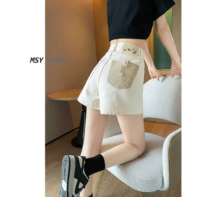 High Waist Embroidered Applique Denim Hot Pants