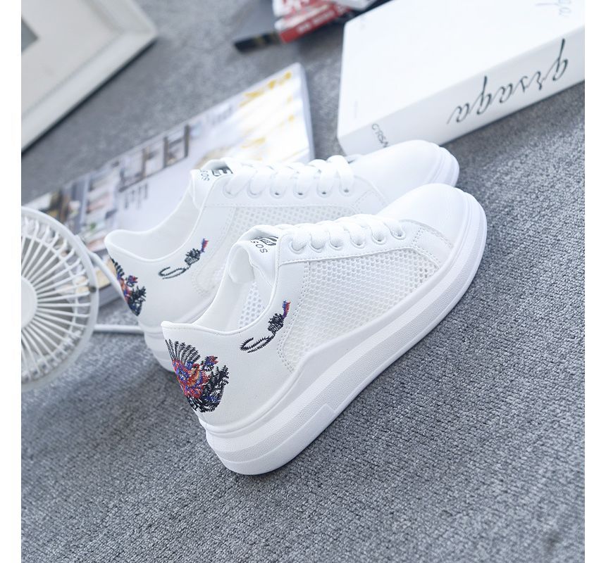 Floral Embroidered Mesh Panel Platform Sneakers