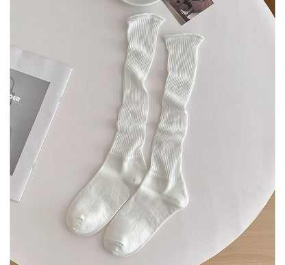 Set of 2 Pairs: Plain Ribbed Shirred Tall Socks