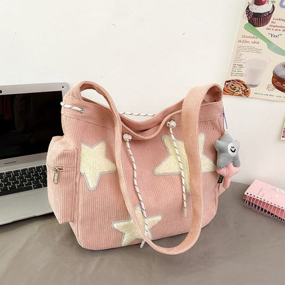 Corduroy Star Applique Drawstring Crossbody Shoulder Bag