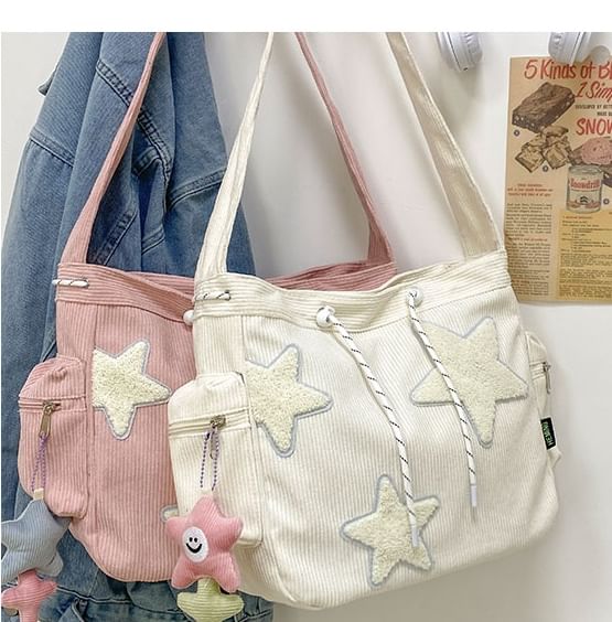 Corduroy Star Applique Drawstring Crossbody Shoulder Bag