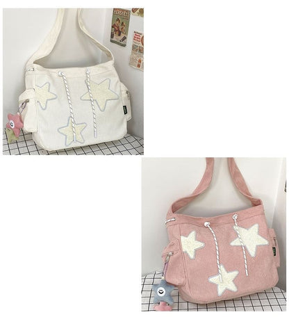 Corduroy Star Applique Drawstring Crossbody Shoulder Bag