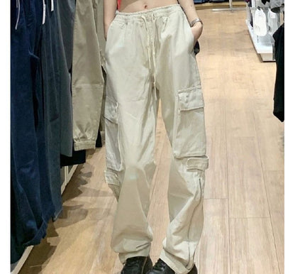 Low Rise Plain Drawstring Cargo Baggy Pants