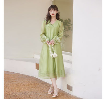 Puff-Sleeve Floral Embroidered Frog Buttoned Ruffled Midi A-Line Dress