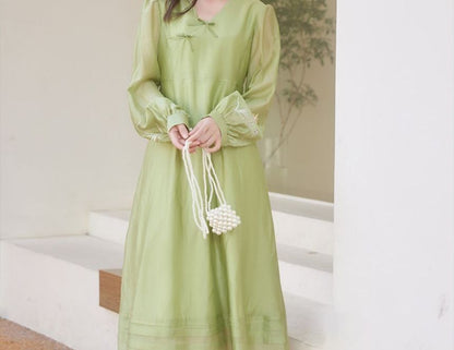 Puff-Sleeve Floral Embroidered Frog Buttoned Ruffled Midi A-Line Dress