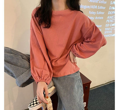 Sleeve Balloon Plain Neck Tee Round