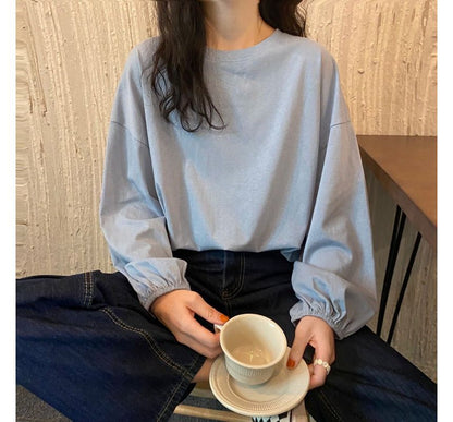 Sleeve Balloon Plain Neck Tee Round