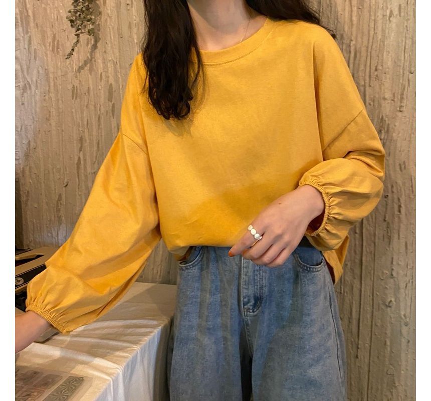 Sleeve Balloon Plain Neck Tee Round