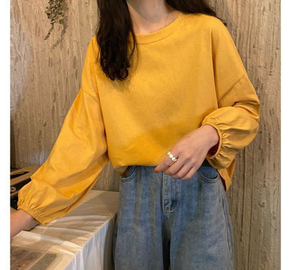 Sleeve Balloon Plain Neck Tee Round