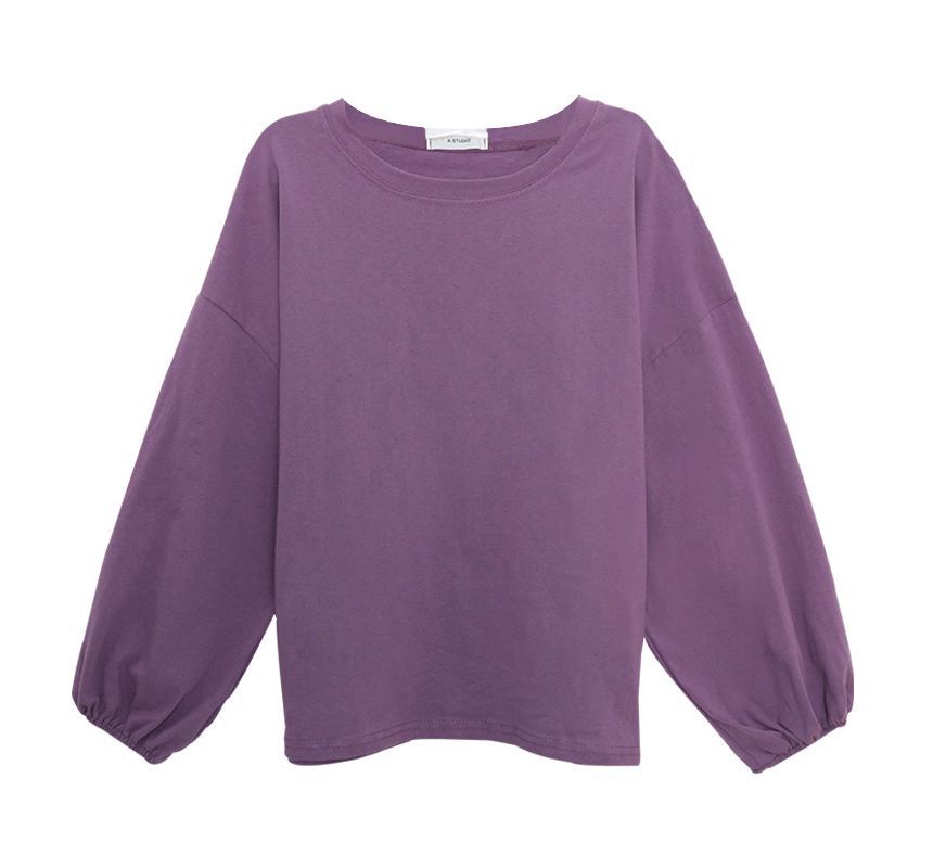 Sleeve Balloon Plain Neck Tee Round