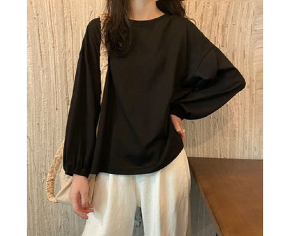 Sleeve Balloon Plain Neck Tee Round