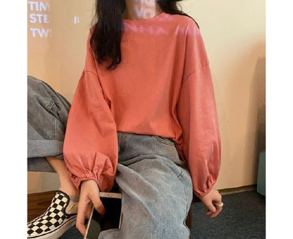 Sleeve Balloon Plain Neck Tee Round