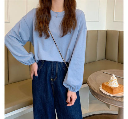 Round Balloon Sleeve Neck T-Shirt Plain