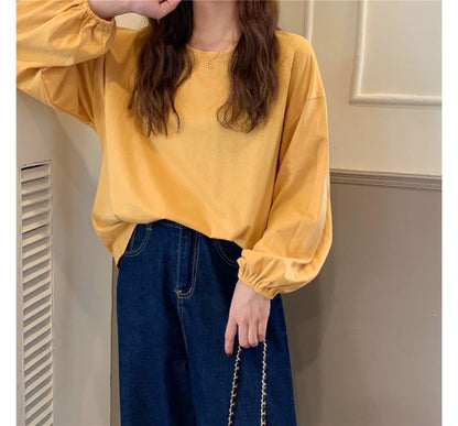 Round Balloon Sleeve Neck T-Shirt Plain
