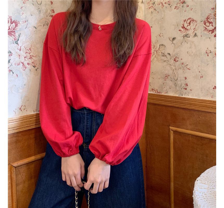 Round Balloon Sleeve Neck T-Shirt Plain