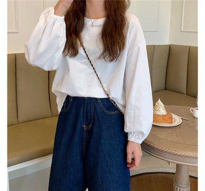 Round Balloon Sleeve Neck T-Shirt Plain