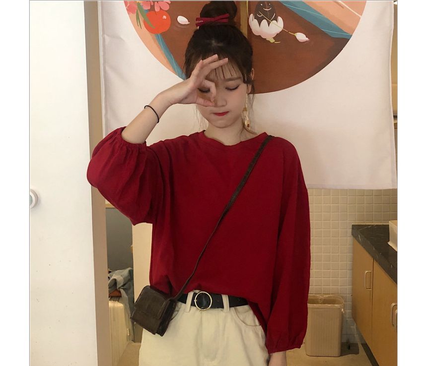 Round Balloon Sleeve Neck T-Shirt Plain