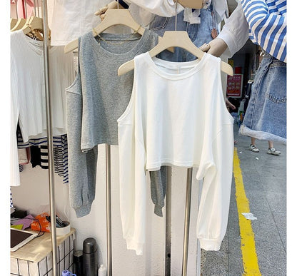 Cold Plain Tee Crop Shoulder Long-Sleeve
