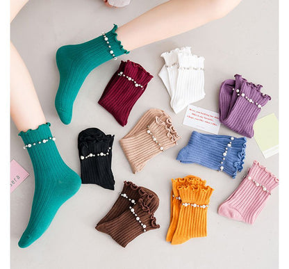 Plain Faux Pearl Beaded Short Socks